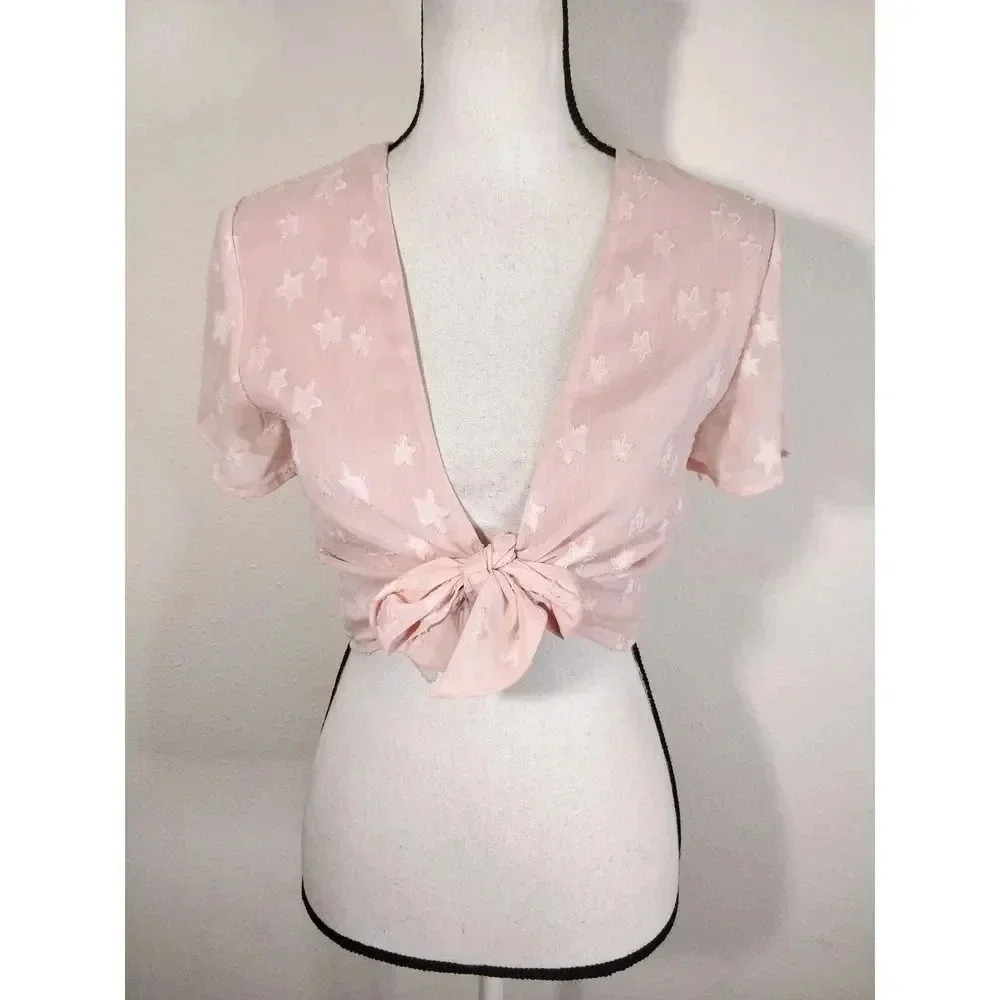 Revolve By the Way Superdown Aylin Pink Star Front Tie Crop Top Women's Size XS - Picture 2 of 9